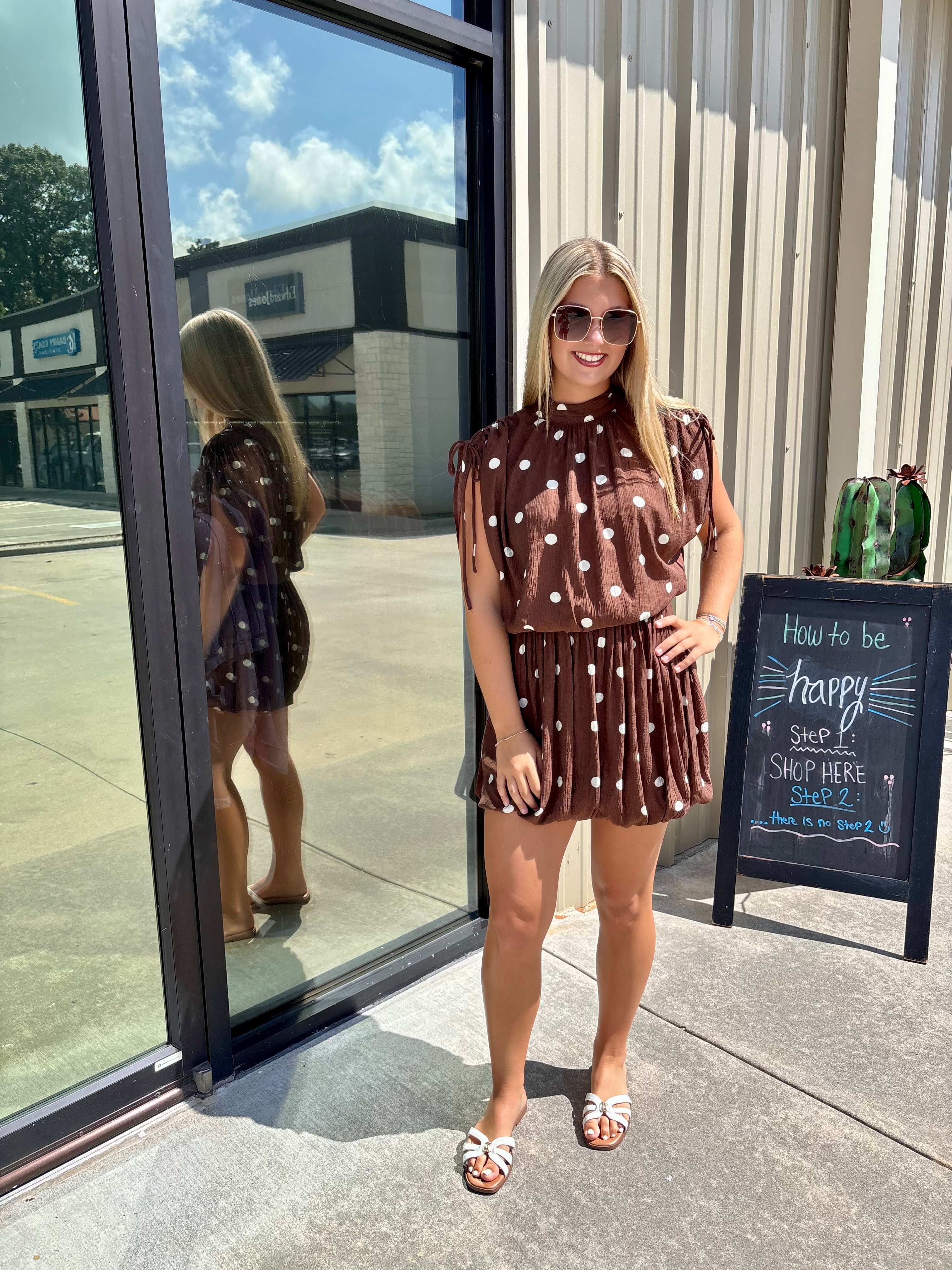 pink dress with brown polka dots Dot – Pretty Blush Boutique while the cinched waist Linen/Length:Lined on top&bottom b&w Flared Halter Mini Dress