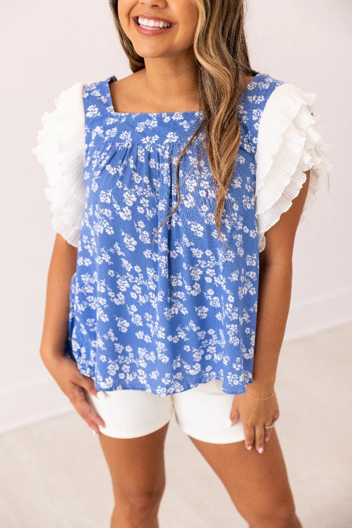 Blue Floral Ruffle Sleeve Blouse