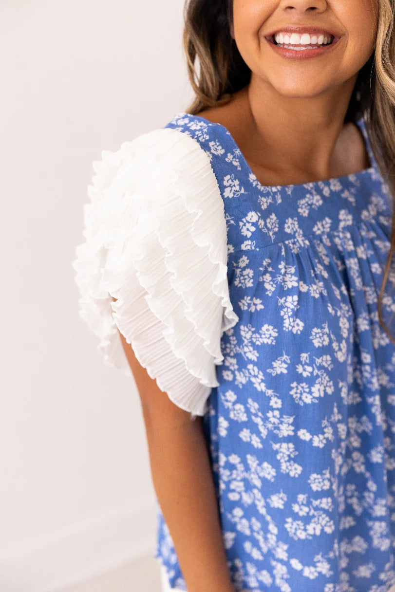 Blue Floral Ruffle Sleeve Blouse