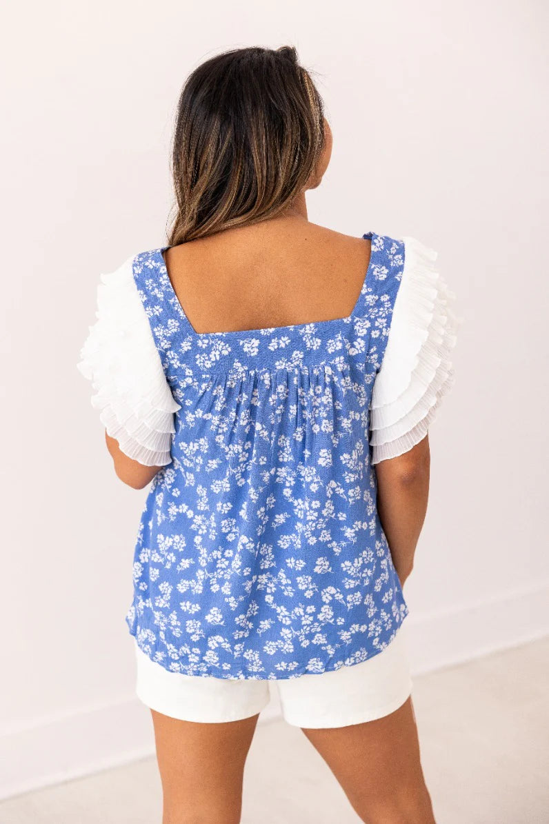 Blue Floral Ruffle Sleeve Blouse
