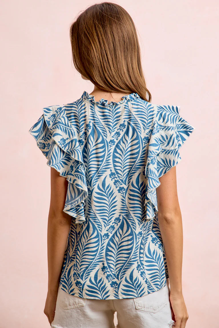 Blue Ruffle Sleeve Blouse